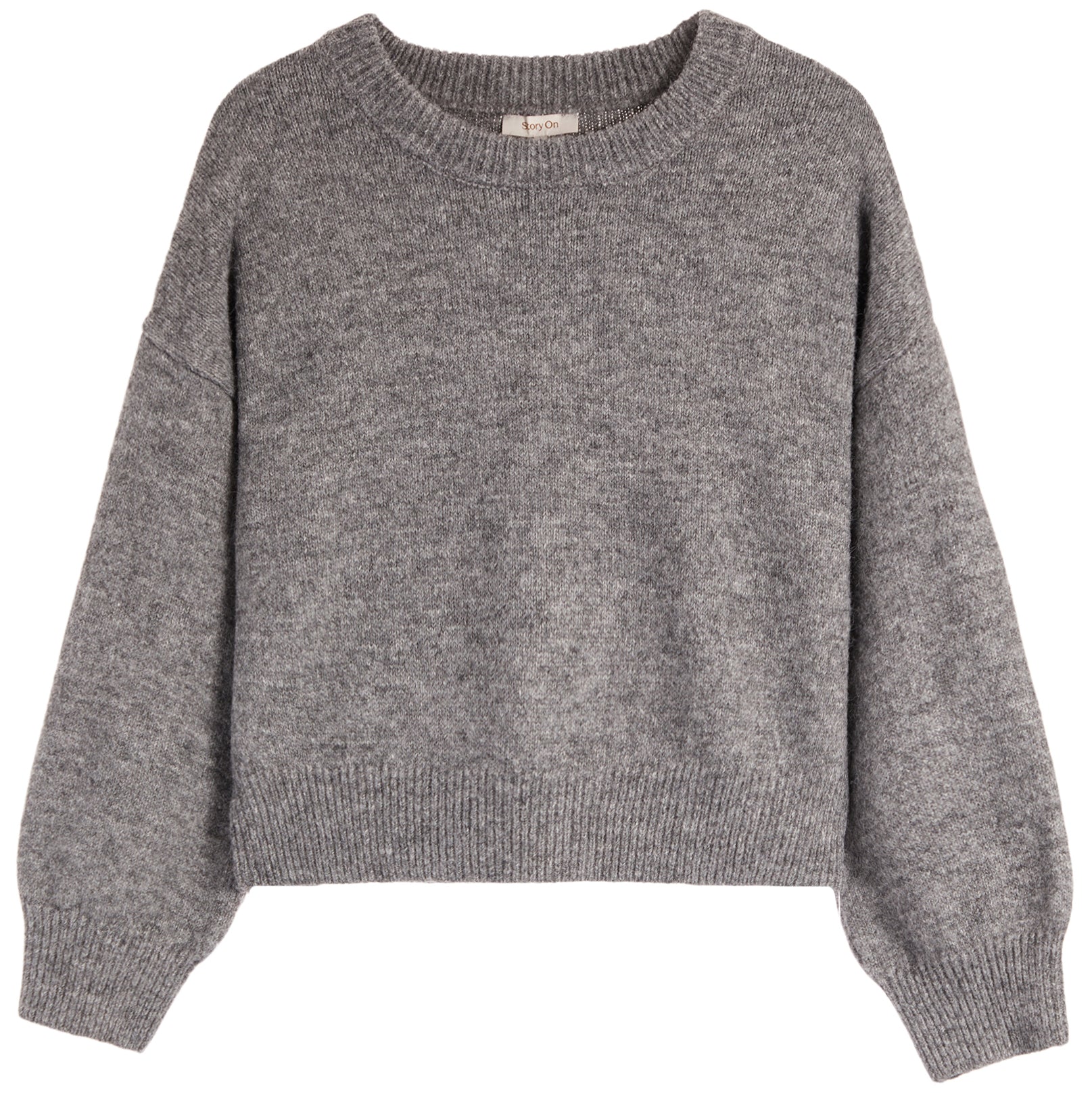 A heather gray knit sweater with a crew neck, dropped shoulders, and ribbed cuffs and hem, shown against a plain white background.