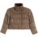 A cropped, high-collar puffer jacket in a brown and beige herringbone pattern, featuring two zippered pockets on the front and a small black brand patch on the upper right sleeve.