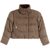 A cropped, high-collar puffer jacket in a brown and beige herringbone pattern, featuring two zippered pockets on the front and a small black brand patch on the upper right sleeve.