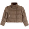 A cropped, high-collar puffer jacket in a brown and beige herringbone pattern, featuring two zippered pockets on the front and a small black brand patch on the upper right sleeve.
