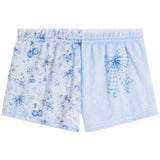 Light blue baby shorts featuring a floral print with cherries and stars on one leg and a large blue-and-white gingham bow on the other leg.
