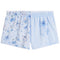 Light blue baby shorts featuring a floral print with cherries and stars on one leg and a large blue-and-white gingham bow on the other leg.