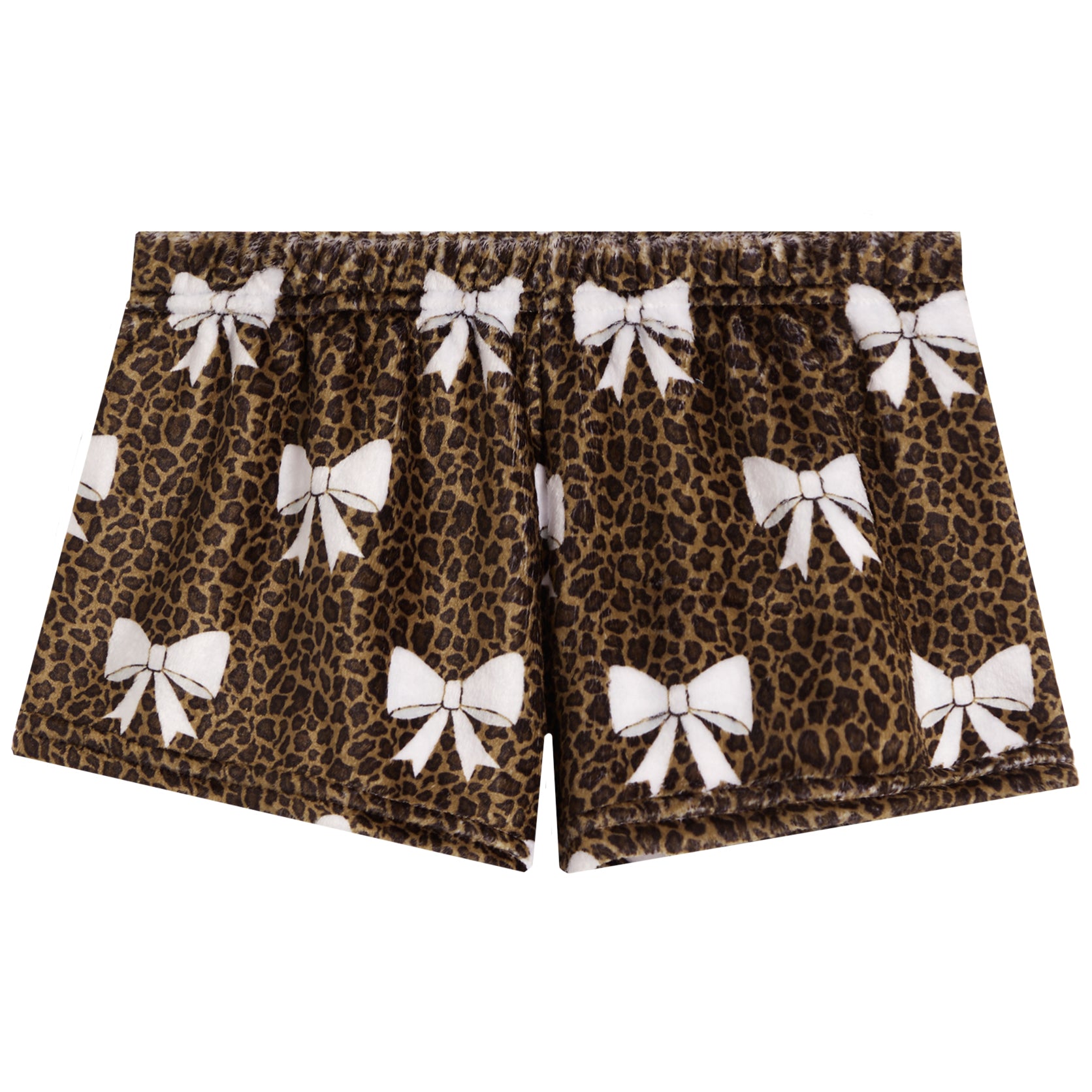 A pair of women's shorts featuring a brown leopard print pattern with white bow motifs repeated across the fabric, shown against a plain white background.