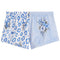 A pair of folded light blue pajama shorts on a white background. One leg features a blue leopard print pattern, and the other leg has a blue floral bouquet print on a light blue background.