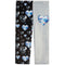 A pair of children's leggings shown flat against a white background, featuring a split design: one leg is black with a pattern of holographic hearts and stars, and the other leg is light gray with a large matching holographic heart on the upper thigh.