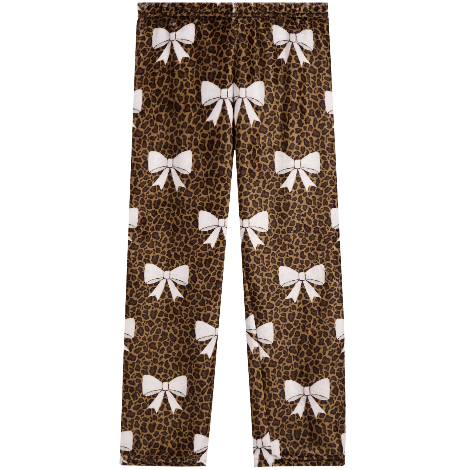 A pair of children's leggings featuring a brown leopard print pattern with white bow motifs repeated all over the fabric, shown flat against a solid white background.