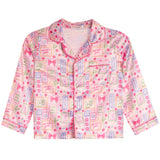 A long-sleeve pajama shirt with a pink and white patchwork print featuring Mahjong tiles