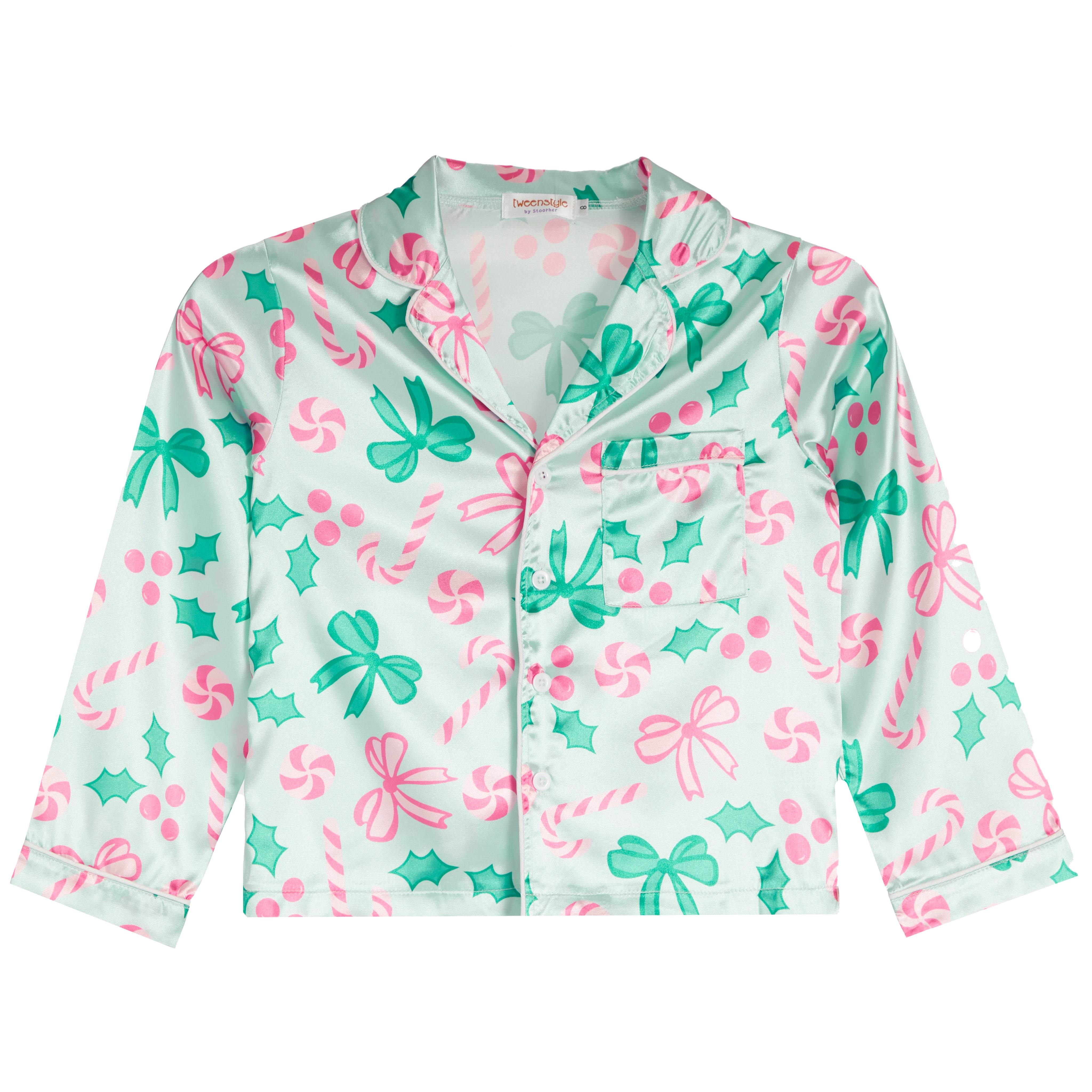 2pc Mint Jolly Holly Print With Bows Satin Pant Set - Denny's