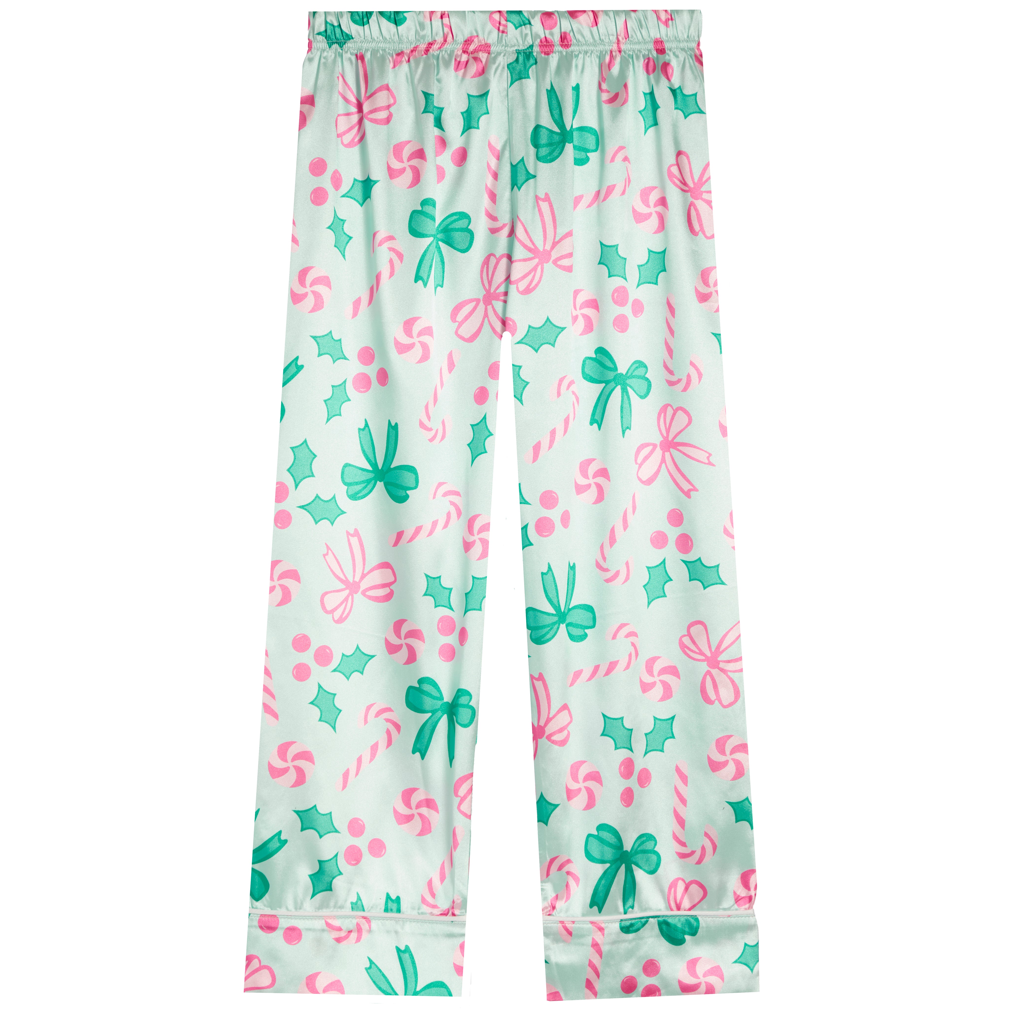2pc Mint Jolly Holly Print With Bows Satin Pant Set - Denny's