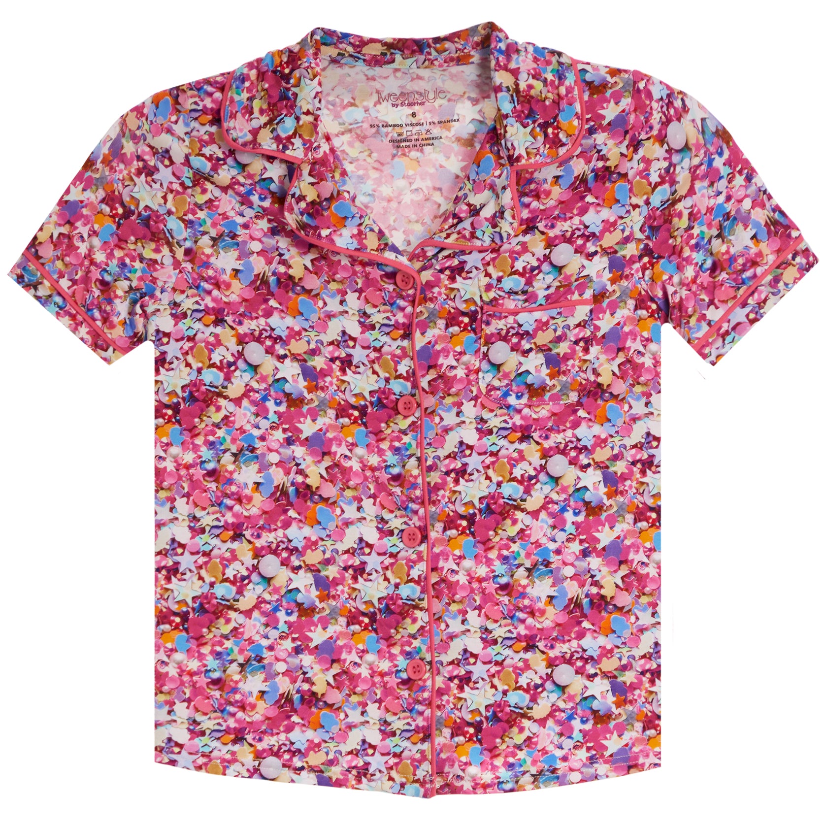 A short-sleeve button-up pajama shirt with a vibrant pink and multicolor abstract pattern, displayed flat against a white background.