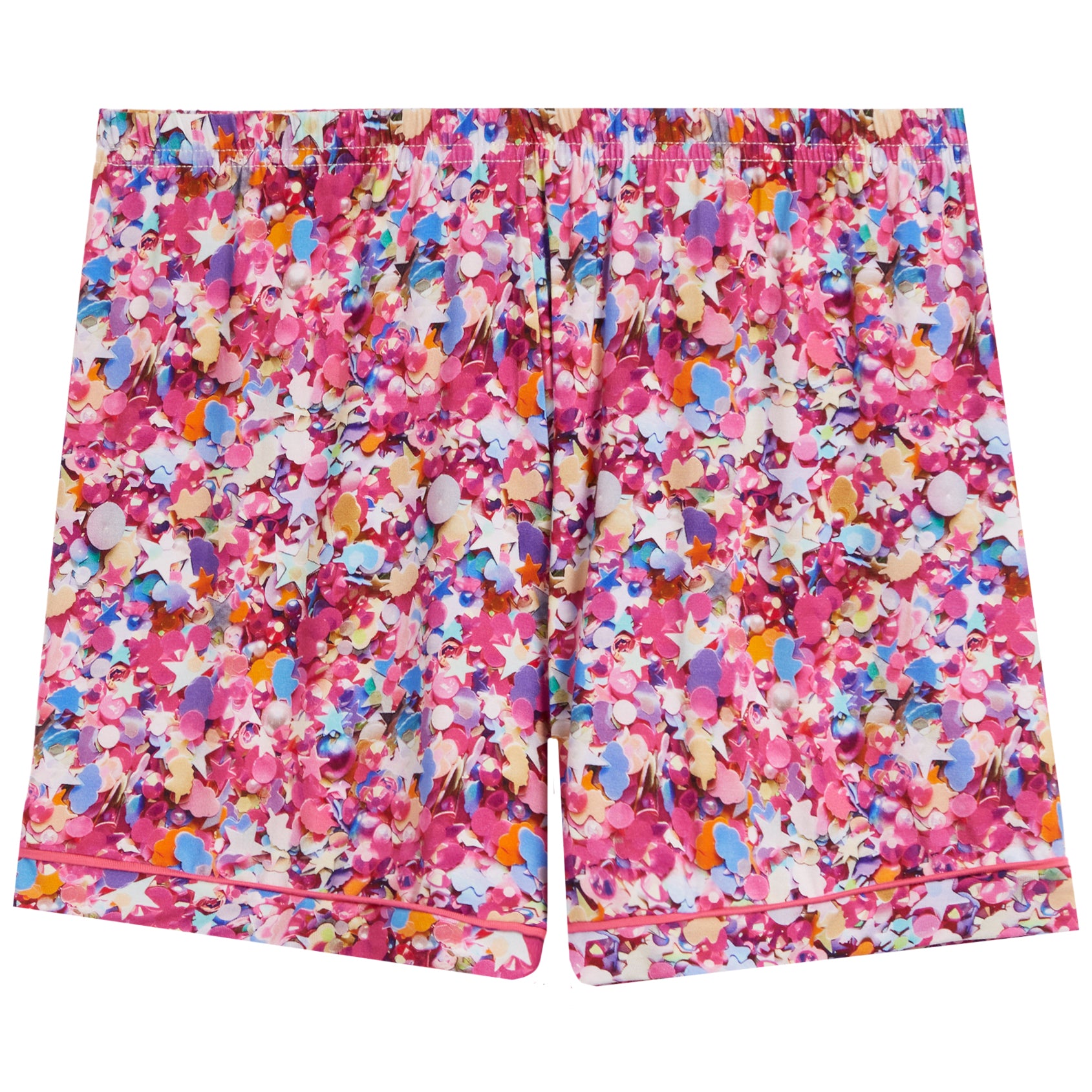 A pair of pajama shorts featuring an all-over multicolor abstract pattern with pink, blue, orange, and white shapes, set against a plain white background.