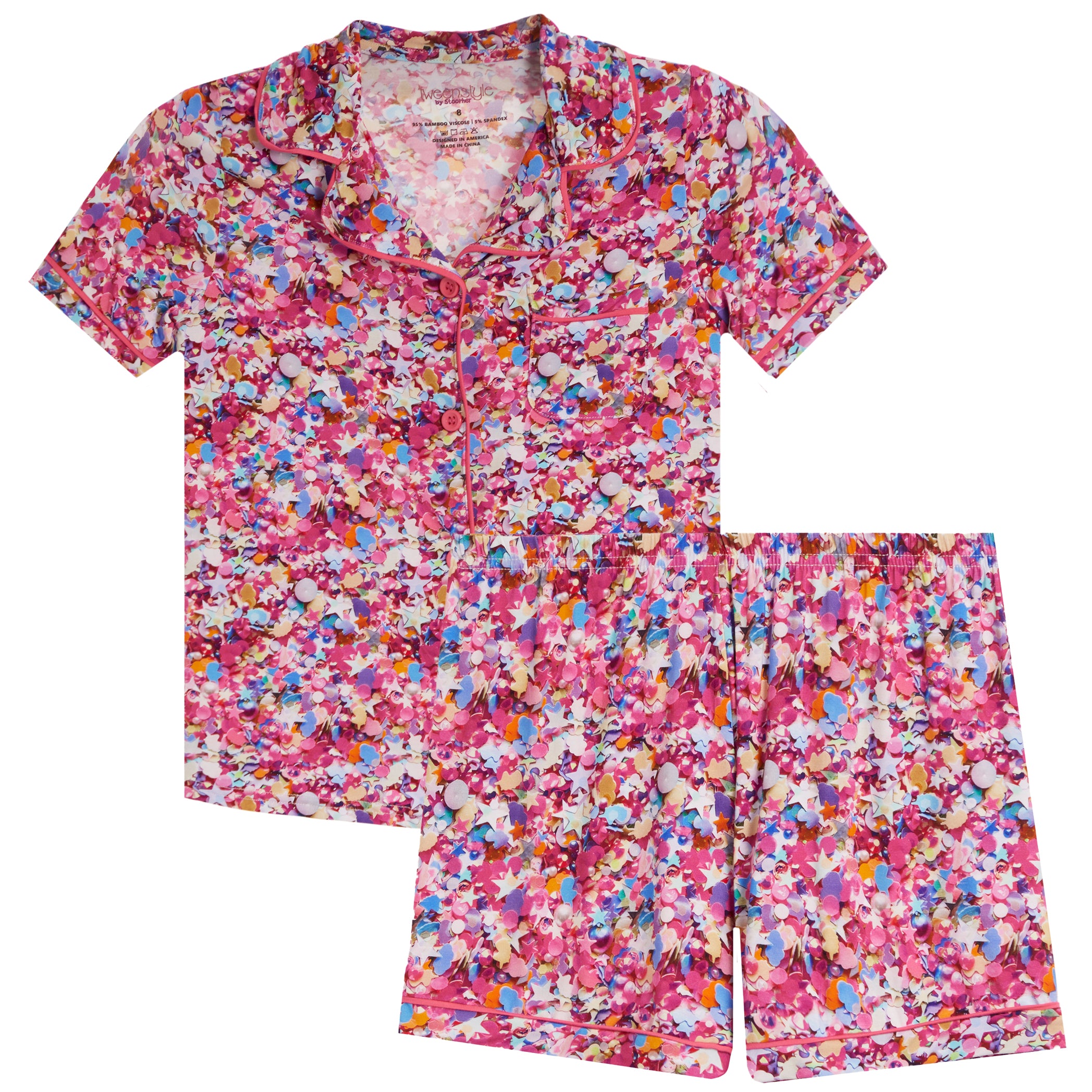 A two-piece short-sleeve pajama set with a vibrant multicolor floral print on a pink base, featuring a matching collared top and shorts.