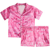 Pink Satin 2pc Short Set Hearts Print