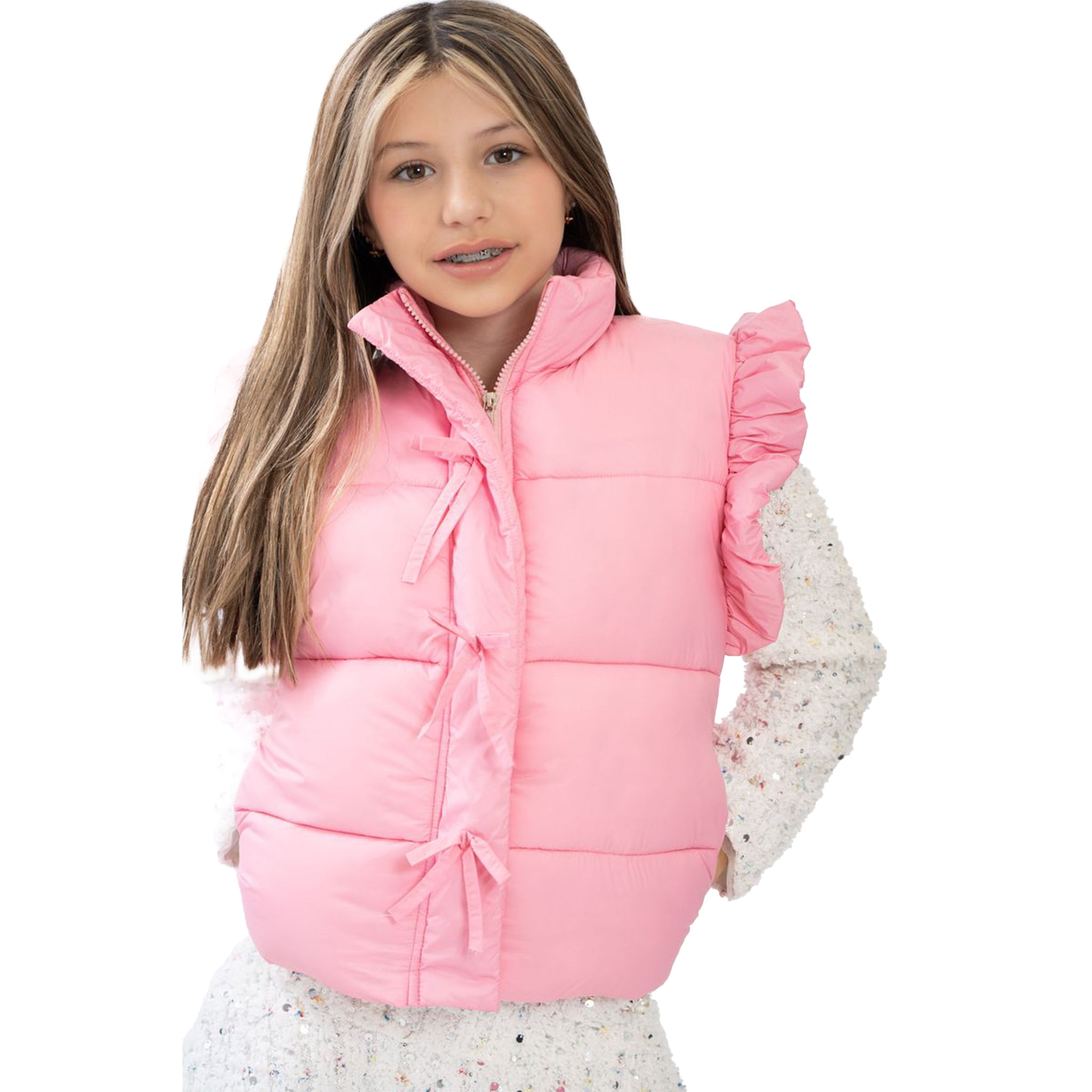 Ruffle Puffer Vest With Bows - Denny's