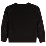 A black long-sleeve crewneck sweatshirt with small white polka dots patterned along the sleeves, shown against a plain white background.
