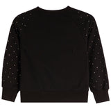 A black long-sleeve crewneck sweatshirt with small white polka dots patterned along the sleeves, shown against a plain white background.