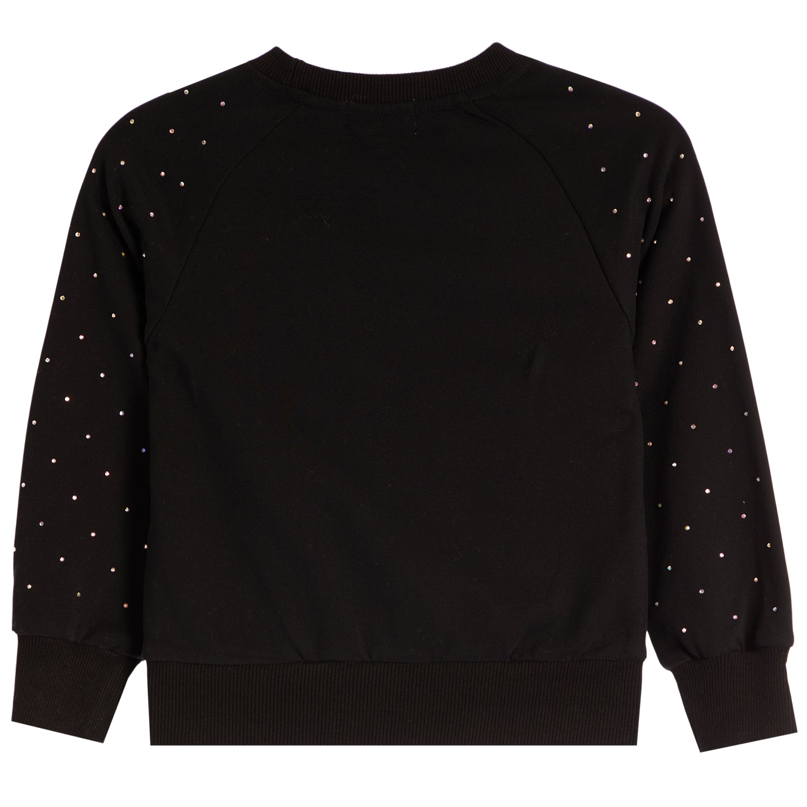 A black long-sleeve crewneck sweatshirt with small white polka dots patterned along the sleeves, shown against a plain white background.