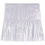 A metallic silver pleated tennis skirt with a textured, shimmering finish, shown flat against a white background.