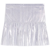 A metallic silver pleated tennis skirt with a textured, shimmering finish, shown flat against a white background.