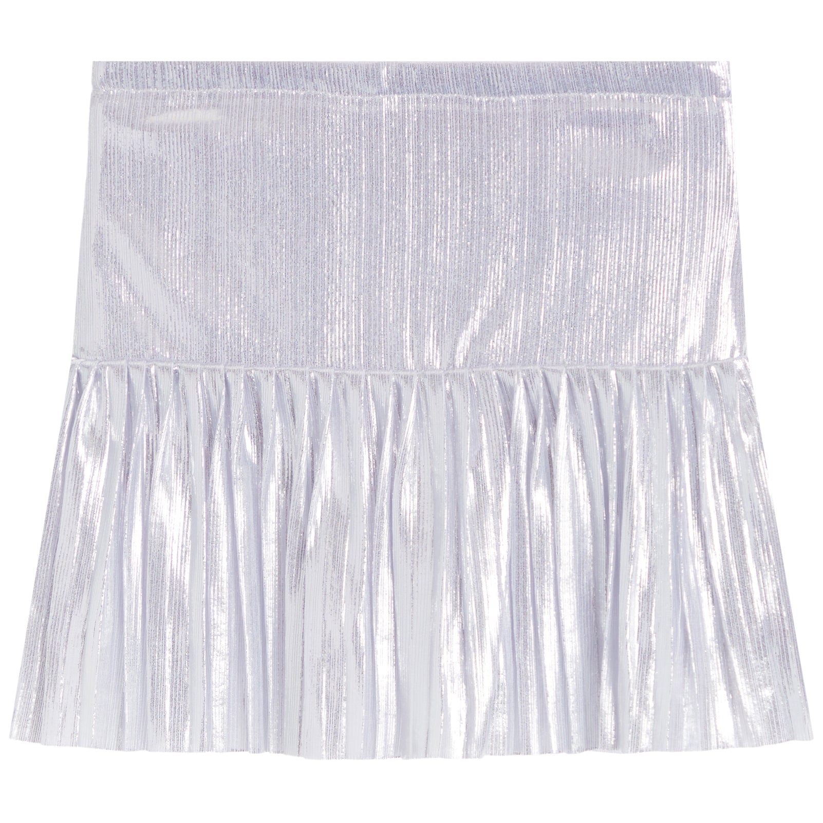 A metallic silver pleated tennis skirt with a textured, shimmering finish, shown flat against a white background.