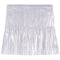 A metallic silver pleated tennis skirt with a textured, shimmering finish, shown flat against a white background.