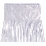 A metallic silver pleated skirt with a wide elastic waistband, shown flat against a white background.