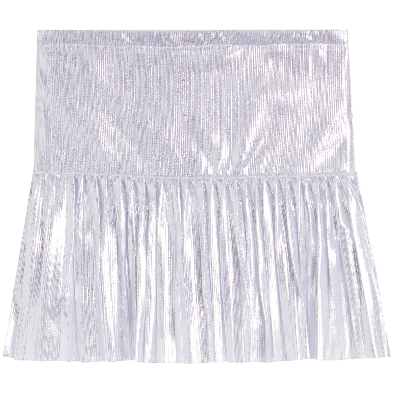 A metallic silver pleated skirt with a wide elastic waistband, shown flat against a white background.