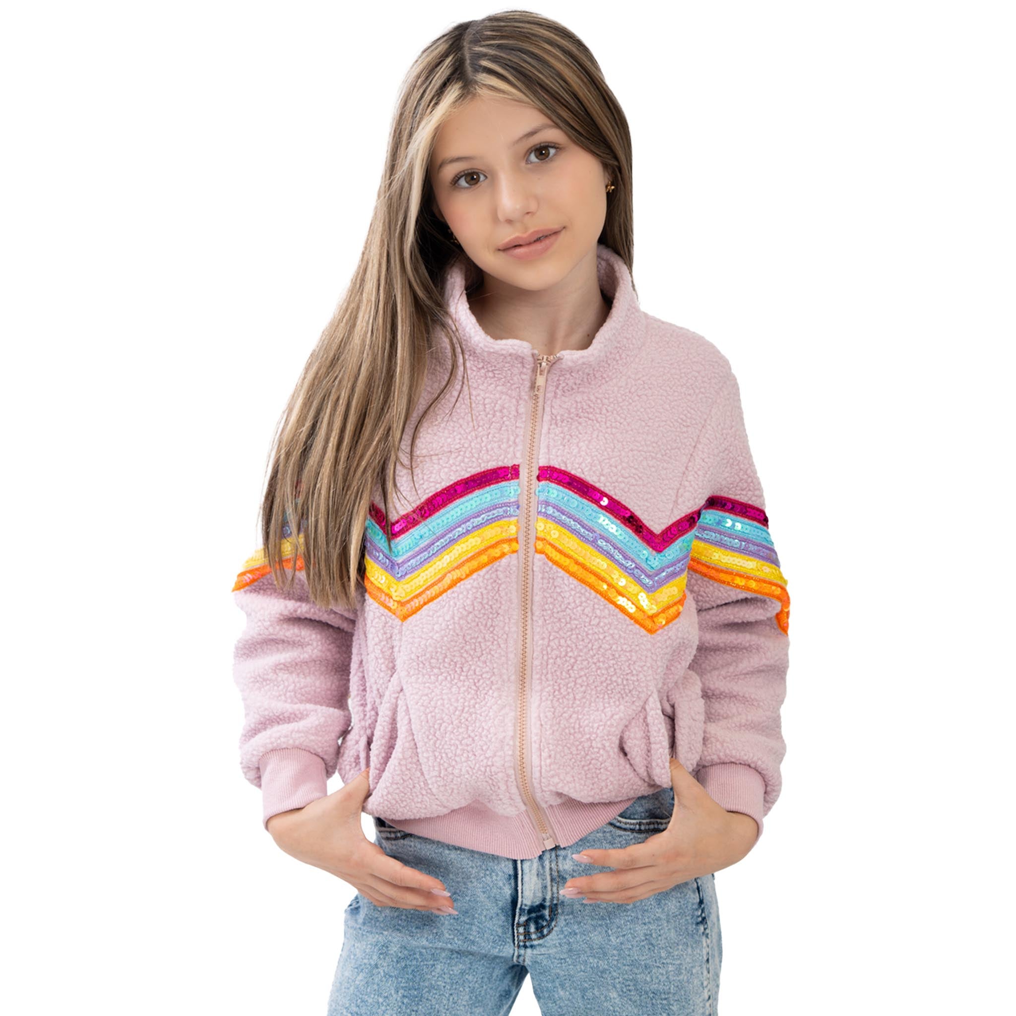 Sherpa Jacket With Sequin Rainbow Trim - Denny's