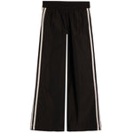 Black wide-leg track pants with double white stripes down the sides, shown flat against a white background.