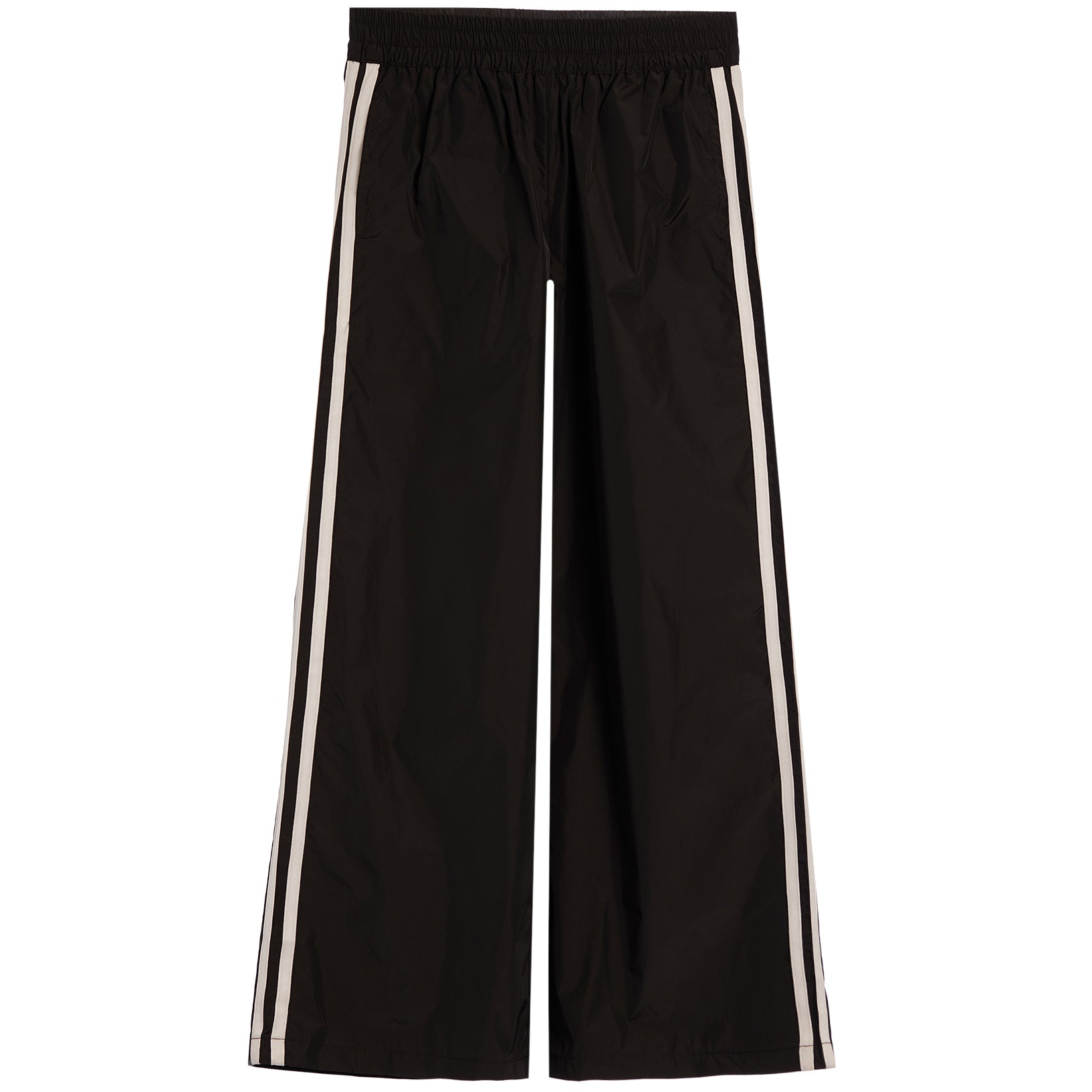 Black wide-leg track pants with double white stripes down the sides, shown flat against a white background.