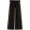 Black wide-leg track pants with double white stripes down the sides, shown flat against a white background.