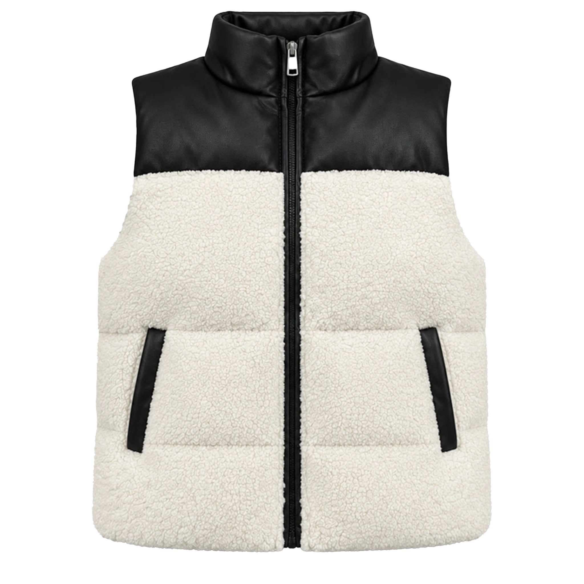 A colorblock puffer vest with a black faux-leather upper panel and collar, and a cream sherpa fleece lower body, featuring a front zipper and zippered hand pockets.