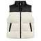 A colorblock puffer vest with a black faux-leather upper panel and collar, and a cream sherpa fleece lower body, featuring a front zipper and zippered hand pockets.
