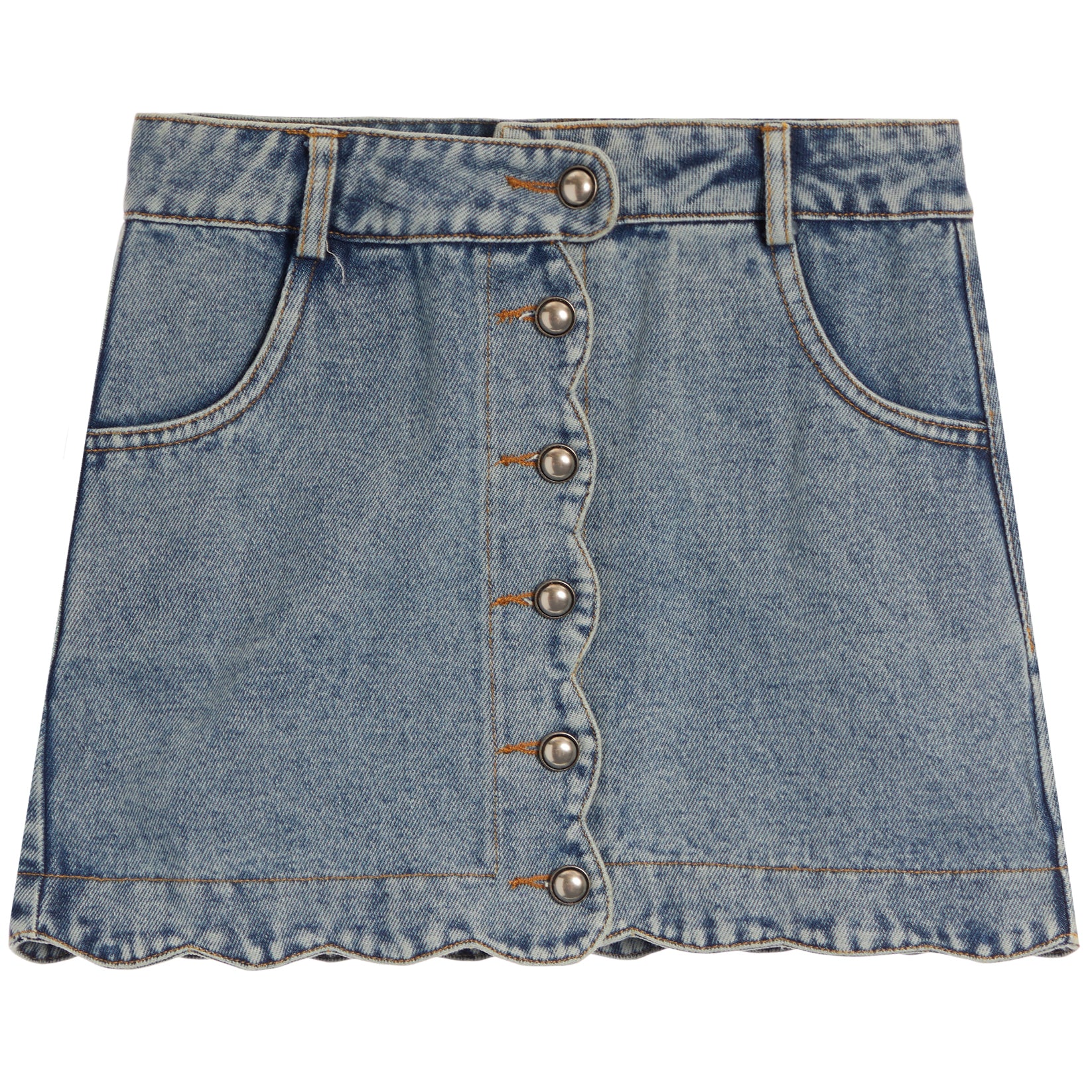 A light blue denim mini skirt with a scalloped front hem, featuring a button closure down the center and classic front patch pockets, shown against a plain white background.