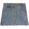 A light blue denim mini skirt with a scalloped front hem, featuring a button closure down the center and classic front patch pockets, shown against a plain white background.