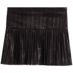 A black pleated mini skirt with a textured, metallic finish, shown flat against a solid white background.