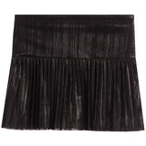 A black pleated mini skirt with a textured, metallic finish, shown flat against a solid white background.