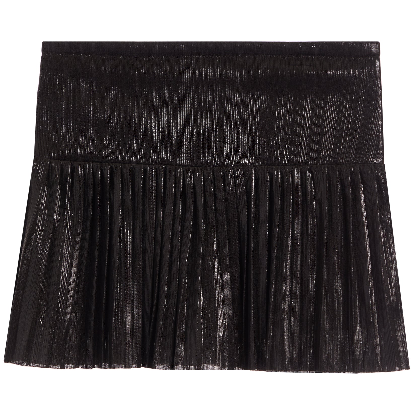 A black pleated mini skirt with a textured, metallic finish, shown flat against a solid white background.
