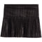 A black pleated mini skirt with a textured, metallic finish, shown flat against a solid white background.