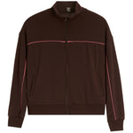 A dark brown zip-up jacket with a stand collar, featuring thin pink piping accents running horizontally across the chest and vertically down the sleeves, shown against a plain white background.