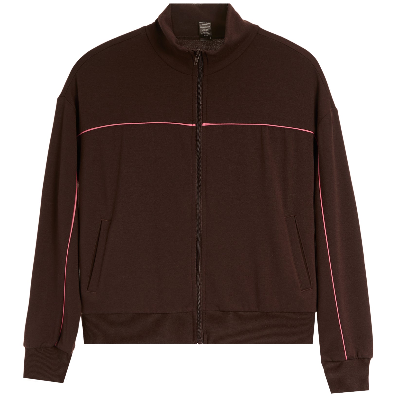 A dark brown zip-up jacket with a stand collar, featuring thin pink piping accents running horizontally across the chest and vertically down the sleeves, shown against a plain white background.