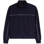 A navy blue zip-up track jacket with a stand collar, featuring thin white piping accents across the chest and running down the sleeves, shown against a plain white background.