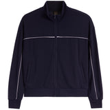 A navy blue zip-up track jacket with a stand collar, featuring thin white piping accents across the chest and running down the sleeves, shown against a plain white background.