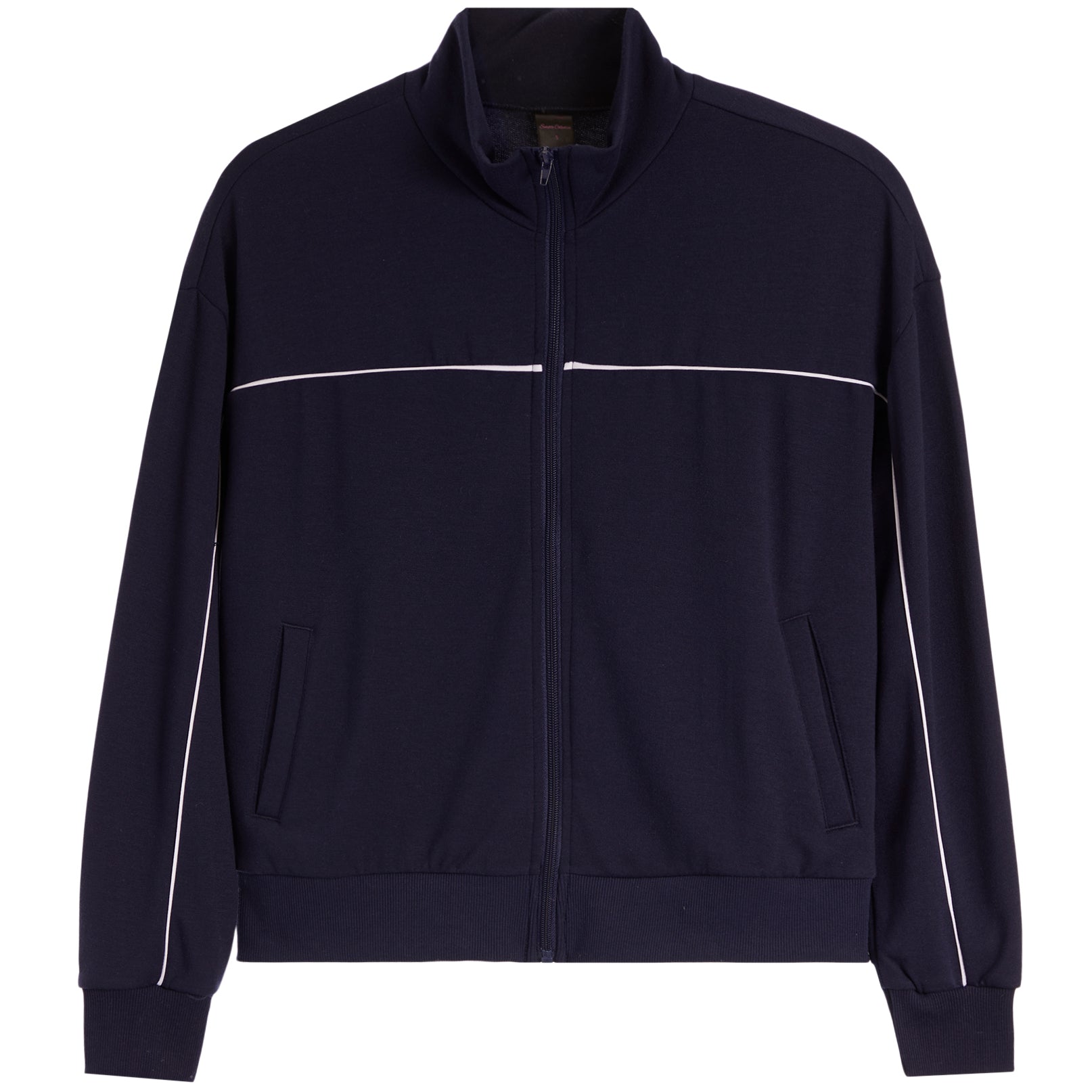 A navy blue zip-up track jacket with a stand collar, featuring thin white piping accents across the chest and running down the sleeves, shown against a plain white background.
