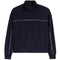 A navy blue zip-up track jacket with a stand collar, featuring thin white piping accents across the chest and running down the sleeves, shown against a plain white background.