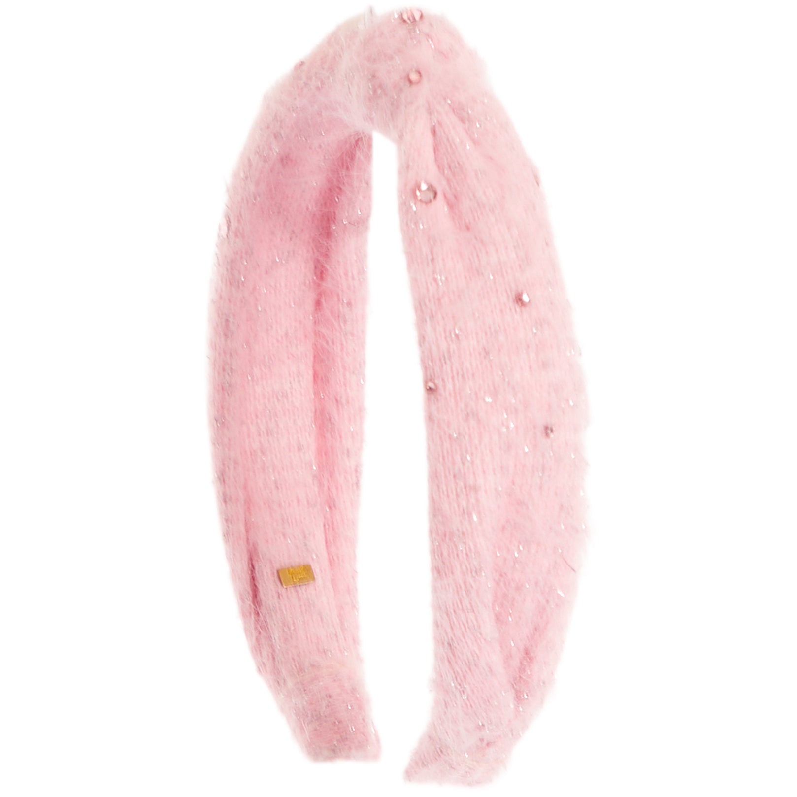 A fuzzy light pink knit headband decorated with small rhinestones and a tiny gold tag, shown against a plain white background.