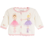 A cream-colored knit baby cardigan by ArtWalk, featuring pink and purple ballerina appliqués on the front, pink lace trim, and pink buttons.
