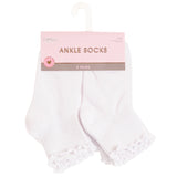 A pair of white ankle socks with ruffled trim, packaged on a white plastic hanger with a pink and brown header card. The brand name 'CAPELLI' is visible on the packaging.