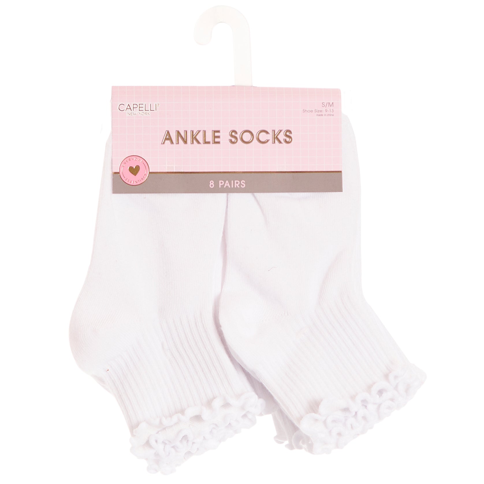 A pair of white ankle socks with ruffled trim, packaged on a white plastic hanger with a pink and brown header card. The brand name 'CAPELLI' is visible on the packaging.