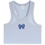 A light blue ribbed tank top with a small blue bow graphic on the chest, displayed flat against a white background.